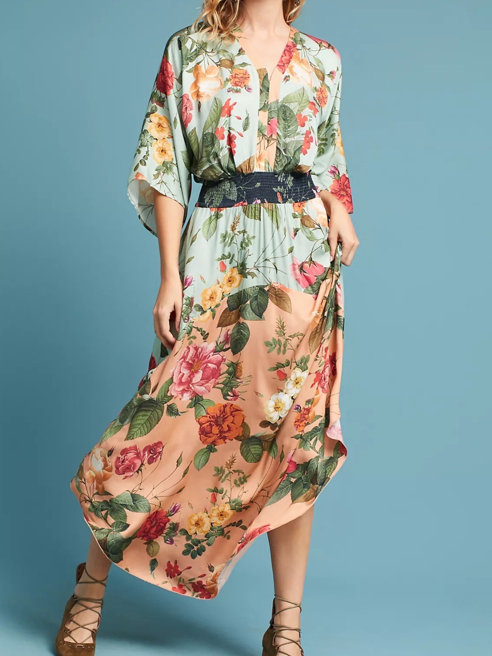 Farm Rio Sz L Dress Marilla Maxi Floral V-Neck Smocked Waist Anthropologie Boho